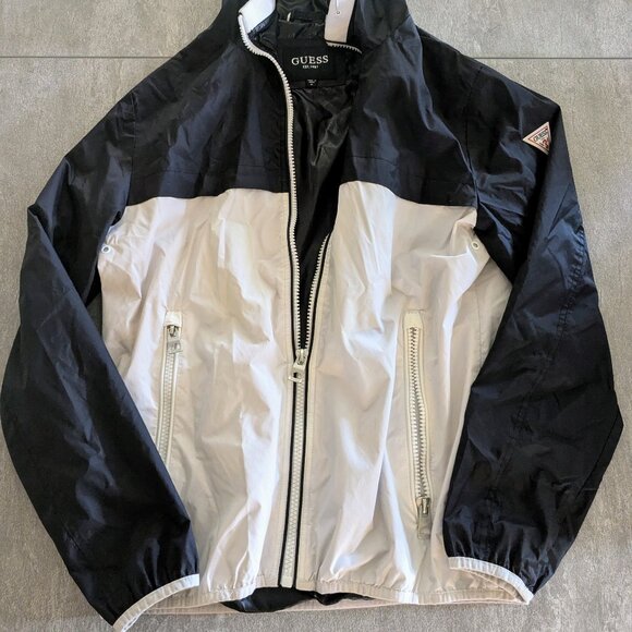 GUESS Windbreaker Raincoat Jacket Black and White hooded (Medium) - Picture 1 of 5